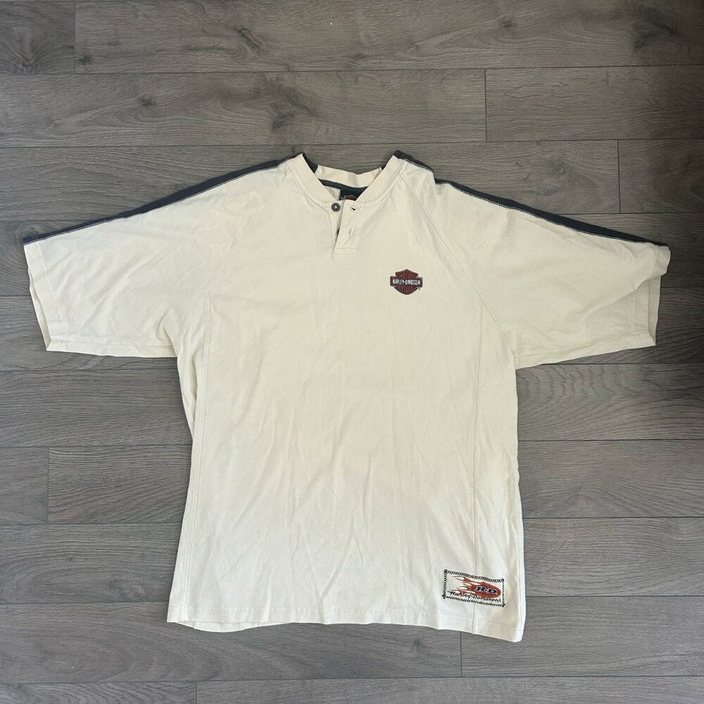 Harley Davidson XL White Tee with Black Trim & Button Collar